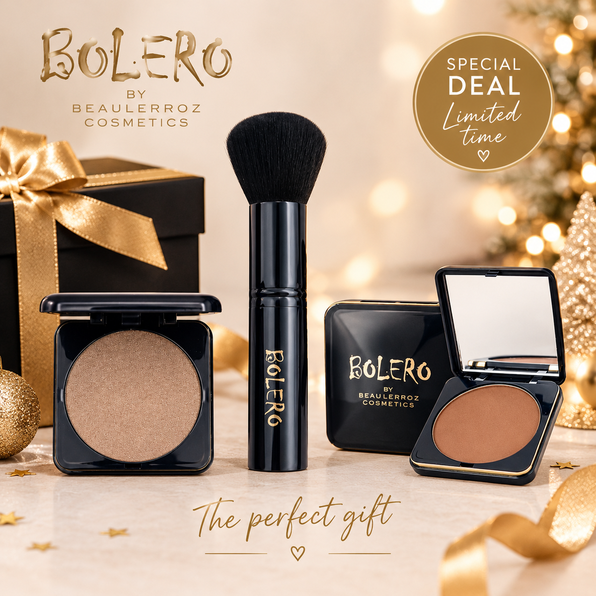 Bolero Glamour Beauty Set Gold – Poeder, Shaper & Kwast | Voor een Stralende, Natuurlijke Glow