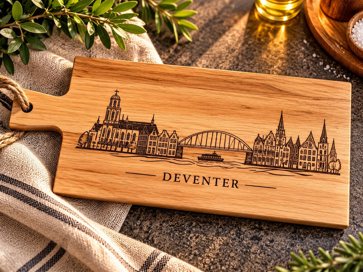 Houten Borrelplank Deventer van Beukenhout – Skyline Gravure