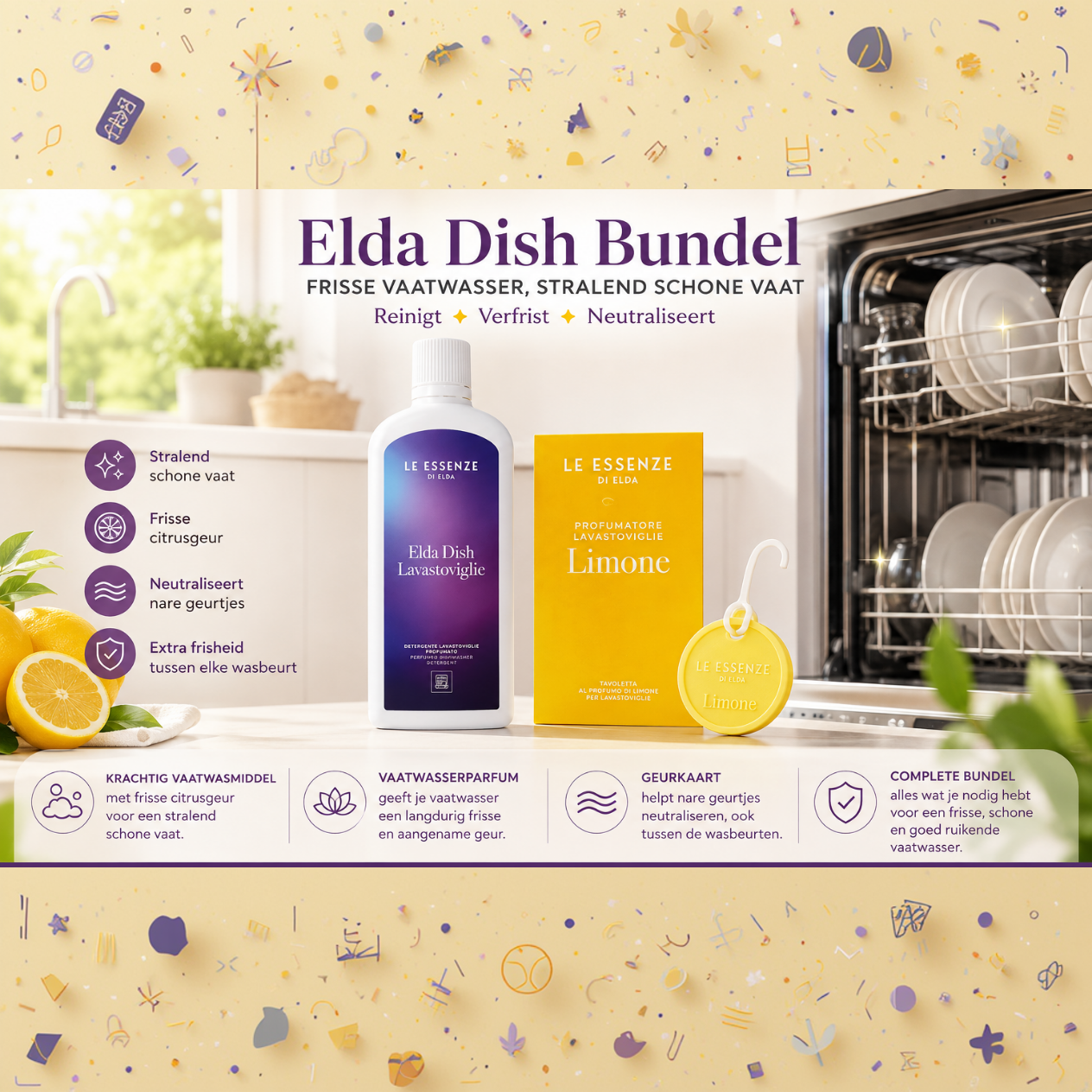 Elda Dish Vaatwasser Bundel – Vaatwasmiddel 500 ml + Vaatwasserparfum + Geurkaart – Frisse & Schone Vaatwasser