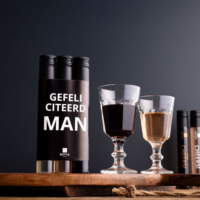 3 wijntubes - zwart/wit wikkel - Gefeliciteerd man
