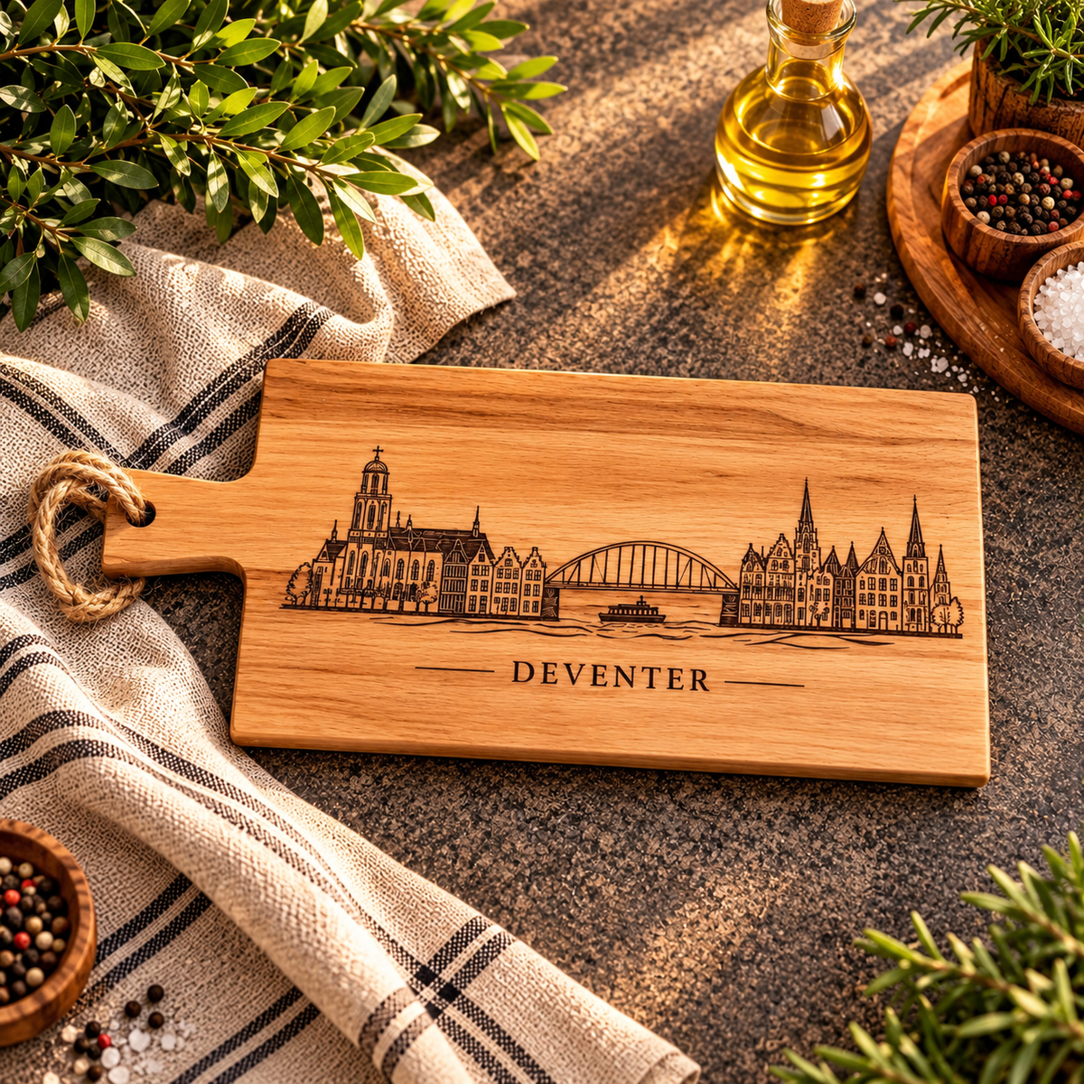Houten Borrelplank Deventer van Beukenhout – Skyline Gravure